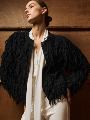TAILOR MADE - SHORT FRINGED KNIT CARDIGAN BLACK