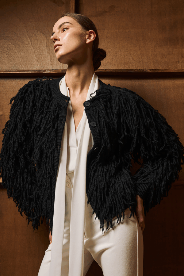 TAILOR MADE - SHORT FRINGED KNIT CARDIGAN BLACK