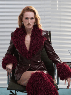 MILKWHITE - FAUX LEATHER FITTED BLAZER WITH FAUX FUR DETAILS