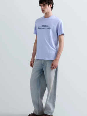 REPLAY - LINEN AND COTTON T-SHIRT WITH LETTERING BLUE/KHAKI