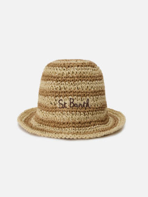 MC2 SAINT BARTH - POLLY BUCKET HAT WITH BEIGE AND WHITE STRIPES AND EMBROIDERED LOGO