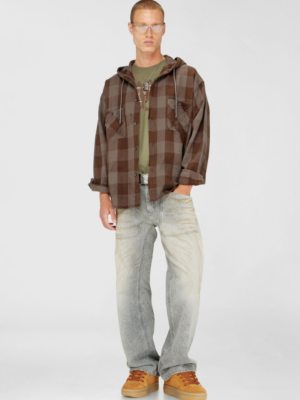 DIESEL - DISTRESSED HOODED SHIRT IN CHECK FLANNEL