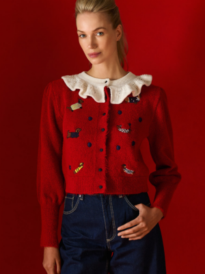 TAILOR MADE - KNIT CARDIGAN WITH DOGS EMBROIDERED AND WHITE COLLAR