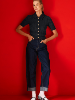 TAILOR MADE - CABLE-KNIT SHORT-SLEEVED CARDIGAN WITH DENIM COLLAR ANTRACITE