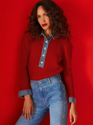 TAILOR MADE - RIBBED KNIT SWEATER WITH DENIM COLLAR AND DETAILS RED
