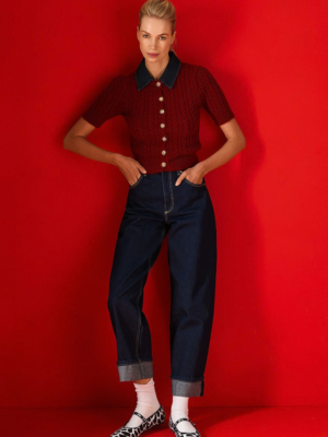 TAILOR MADE - CABLE-KNIT SHORT-SLEEVED CARDIGAN WITH DENIM COLLAR BORDEAUX