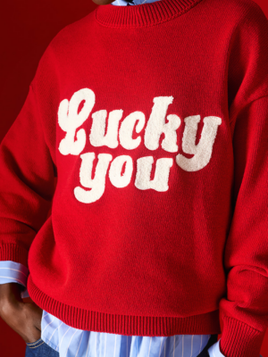 TAILOR MADE - OVERSIZED KNIT SWEATER “LUCKY YOU” RED/NAVY BLUE/SKY BLUE