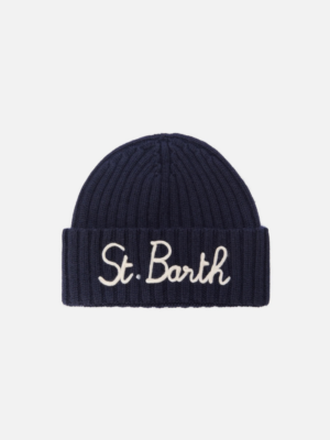 MC2 SAINT BARTH - NAVY BLUE WENGEN RIB-KNIT BEANIE WITH LOGO EMBROIDERY