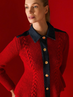 TAILOR MADE - KNIT CARDIGAN WITH DENIM COLLAR, DETAILS AND FLARED PEPLUM HEM RED