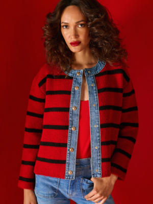 TAILOR MADE - STRIPED KNIT CARDIGAN WITH DENIM COLLAR AND DETAILS RED