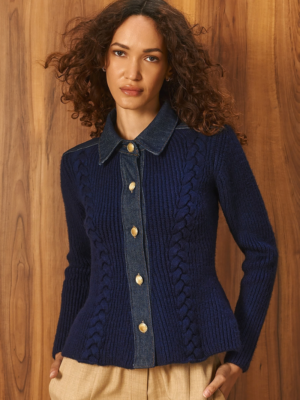 TAILOR MADE - KNIT CARDIGAN WITH DENIM COLLAR, DETAILS AND FLARED PEPLUM HEM BLUE