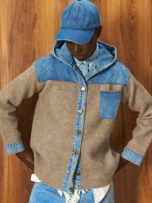 TAILOR MADE - KNIT CARDIGAN WITH DENIM HOOD