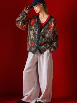 TAILOR MADE - JACQUARD KNIT CARDIGAN WITH DENIM COLLAR
