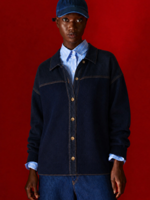 TAILOR MADE - UNISEX KNIT CARDIGAN WITH DENIM DETAILS BLUE