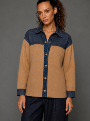 TAILOR MADE - UNISEX KNIT CARDIGAN WITH DENIM DETAILS BEIGE